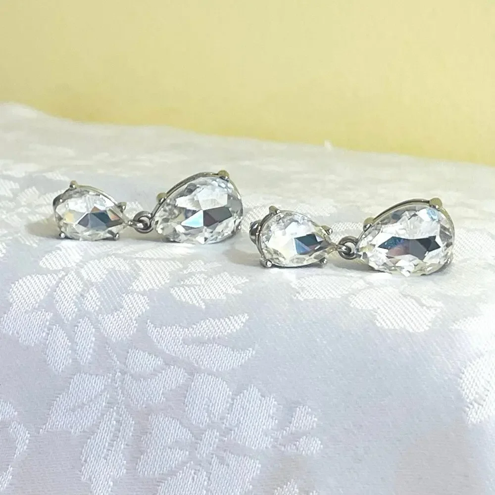 Clear Rhinestone Teardrop Pierced EARRINGS Dangle Drop Hollywood Glam Formal